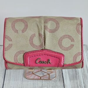 Coach Beige Signature Canvas Wallet with Pink Trim